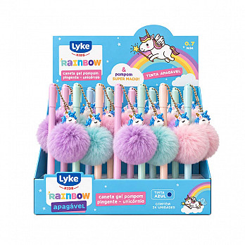 Caneta Gel Apagável - Pingente de Pompom Unicórnio - Display c/24 unidades