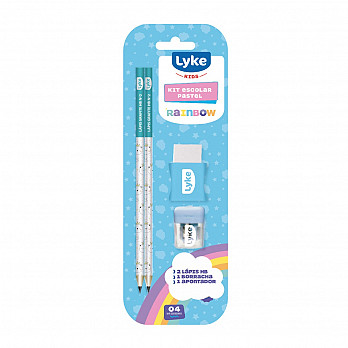 Kit Escolar LYKE corpo azul pastel - 2 Lápis Grafite + 1 apontador + 1 borracha