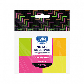 Bloco Autoadesivo Neon LYKE - 38x51mm - Blister com 4 blocos, com 100 fls cada
