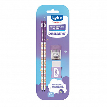 Kit Escolar LYKE corpo Roxo Pastel - 2 lápis grafite + 1 apontador + 1 borracha