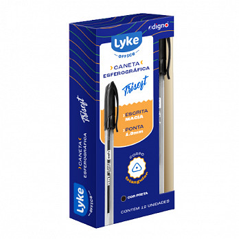 Caneta Esferográfica Trisoft LYKE Triangular 1.0mm - Preta - Caixa c/12 un