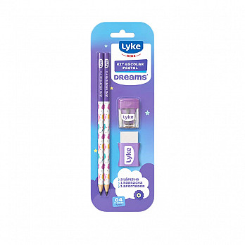 Kit Escolar LYKE corpo Roxo Pastel - 2 lápis grafite + 1 apontador + 1 borracha