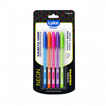 Caneta Esferográfica Unik Neon LYKE - Blister c/ 5 un coloridas