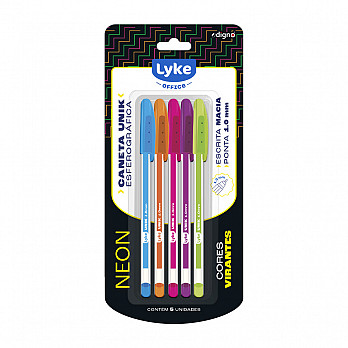 Caneta Esferográfica Unik Neon LYKE - Blister c/ 5 un coloridas