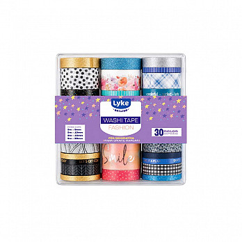 Fita adesiva -Washi Tape cx c/ 30 un. (tamanhos diversos) - Fashion