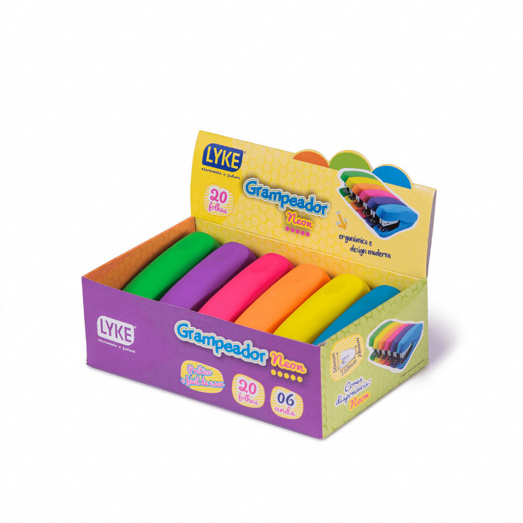 Grampeador emborrachado NEON p/ até 20 Fls - cx c/6 unds - LYKE